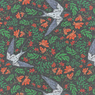 Painterly Bird linen curtain fabric flat image in Midnight blue colourway