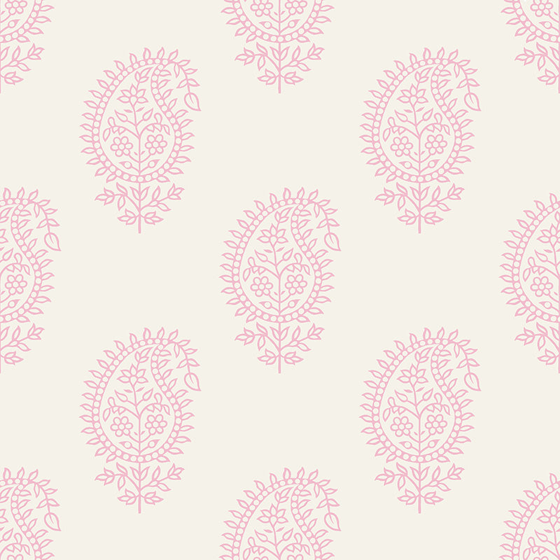 Flat image of Paisley Blush velvet upholstery fabric featuring pink paisley motifs on a light background