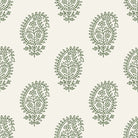 Flat image of Paisley Fennel velvet upholstery fabric with green paisley print on soft beige base
