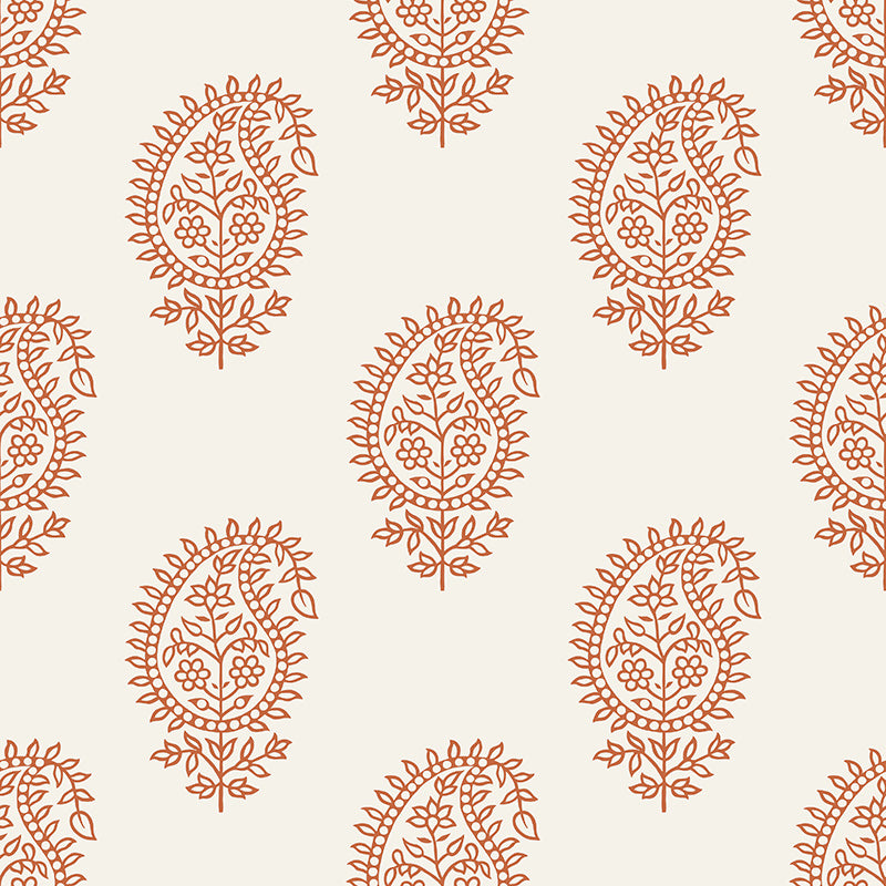 Flat image of Paisley Henna velvet upholstery fabric with burnt orange paisley design on cream-toned velvet