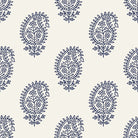 Flat image of Paisley Navy velvet upholstery fabric featuring classic navy paisley motifs on warm neutral base