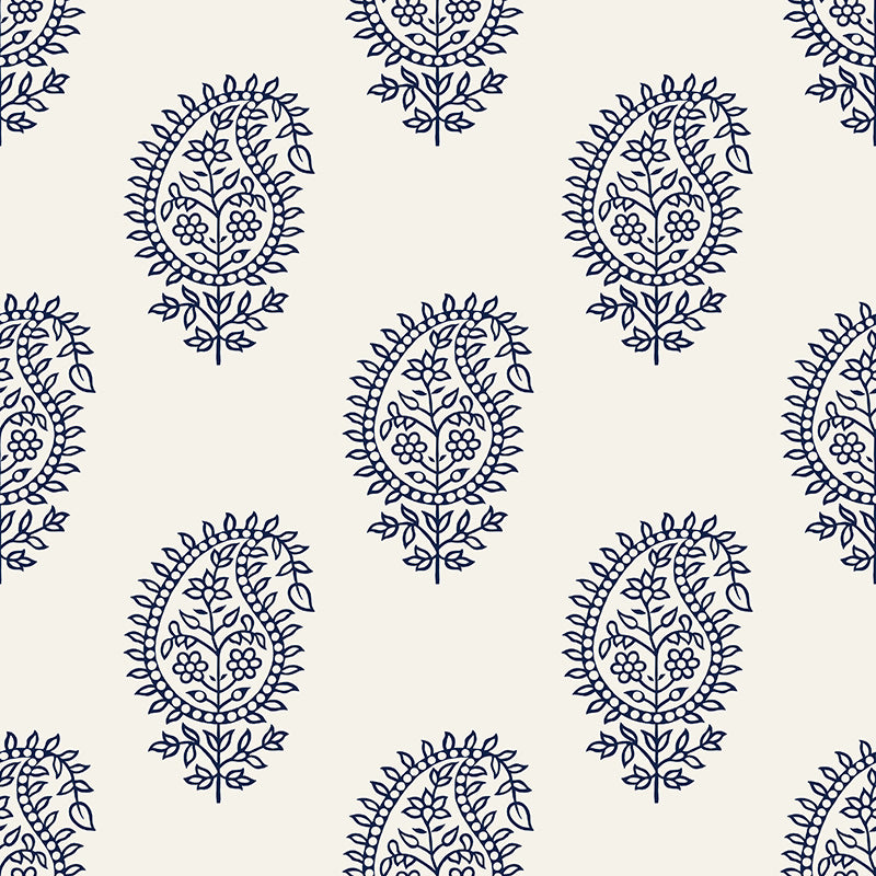 Flat image of Paisley Navy velvet upholstery fabric featuring classic navy paisley motifs on warm neutral base