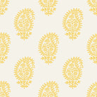 Flat image of Paisley Ochre velvet upholstery fabric showing golden yellow paisley patterns on soft beige background