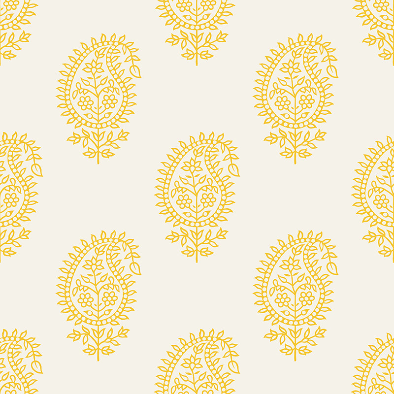 Flat image of Paisley Ochre velvet upholstery fabric showing golden yellow paisley patterns on soft beige background
