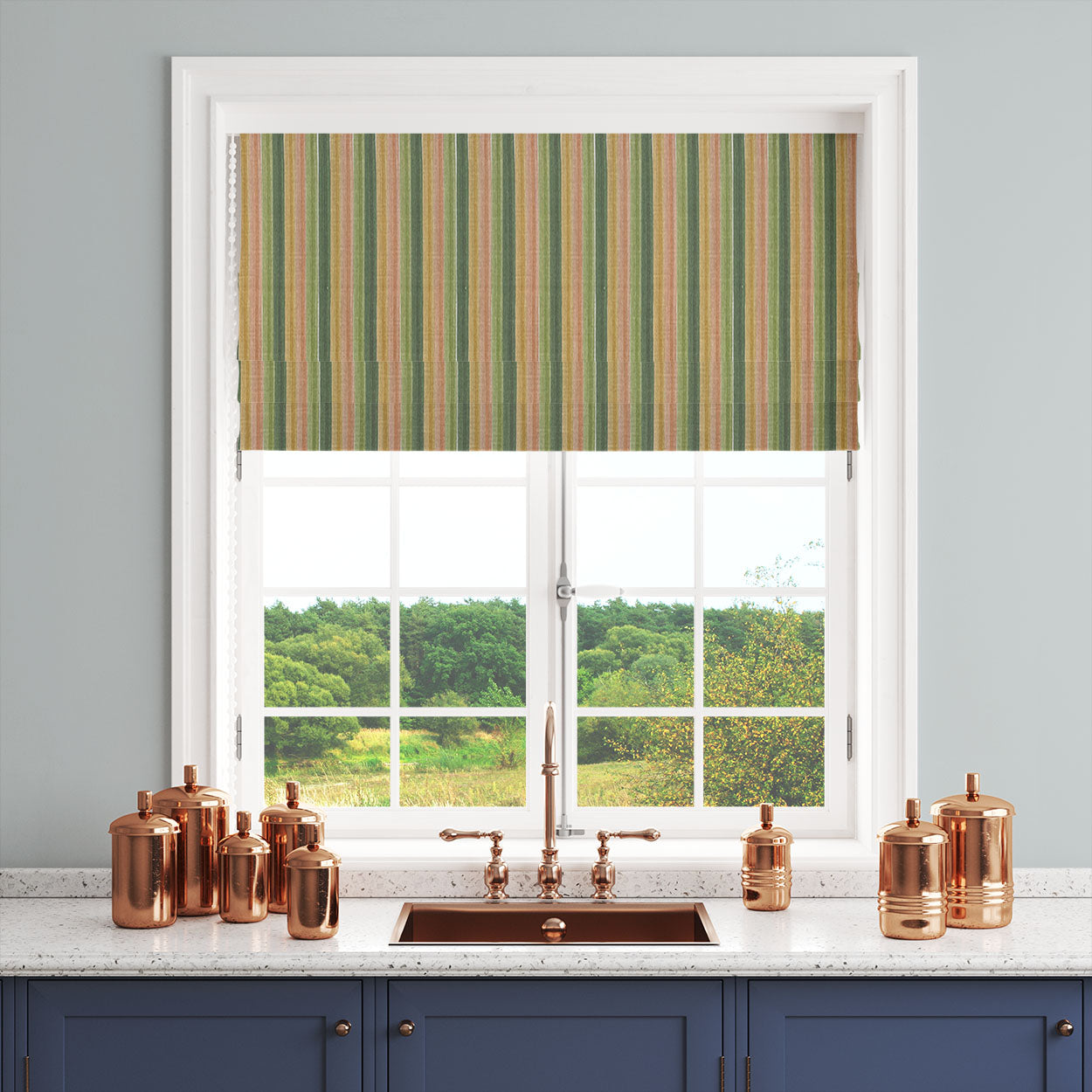 green striped fabric roman blind vertical stripe window treatment