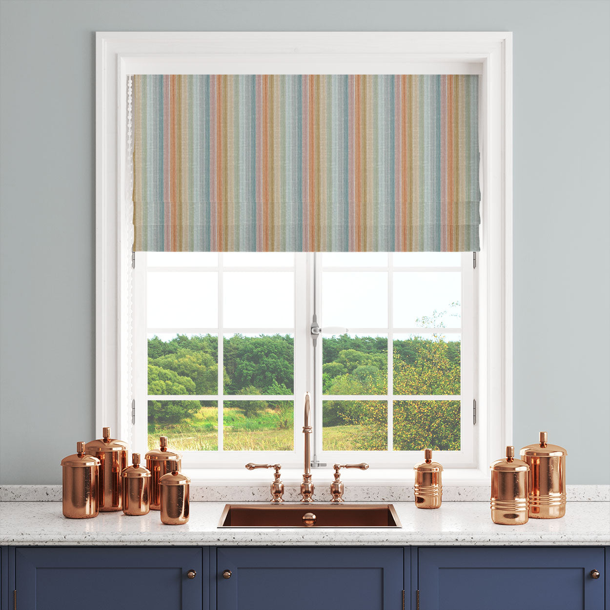 multicoloured striped fabric roman blind vertical stripe design