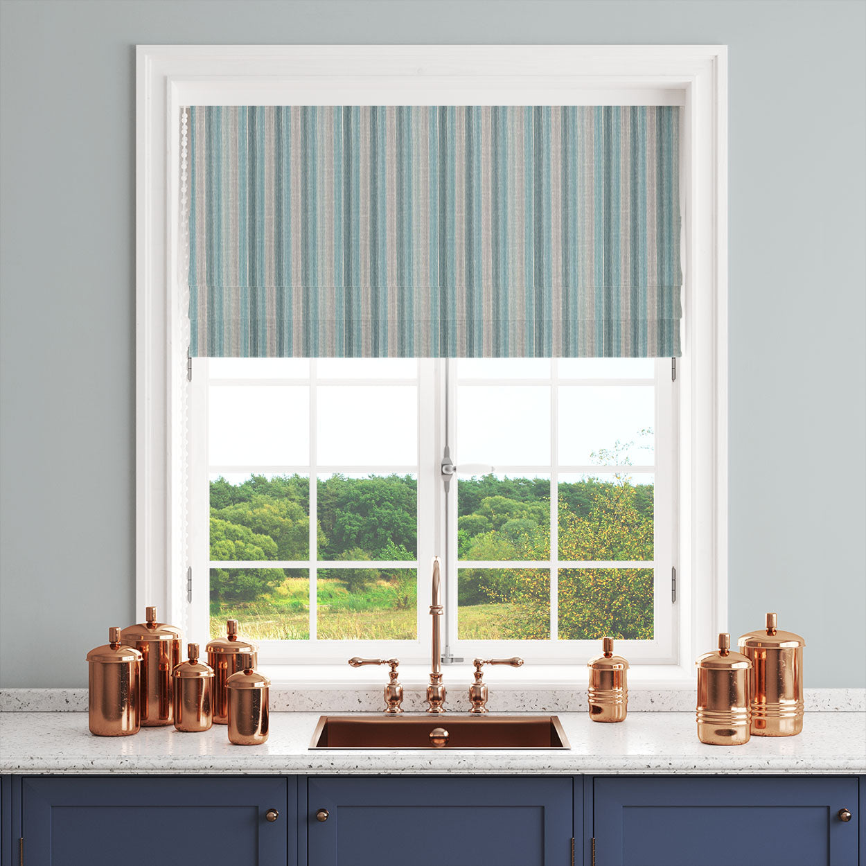 blue striped fabric roman blind vertical stripe window design