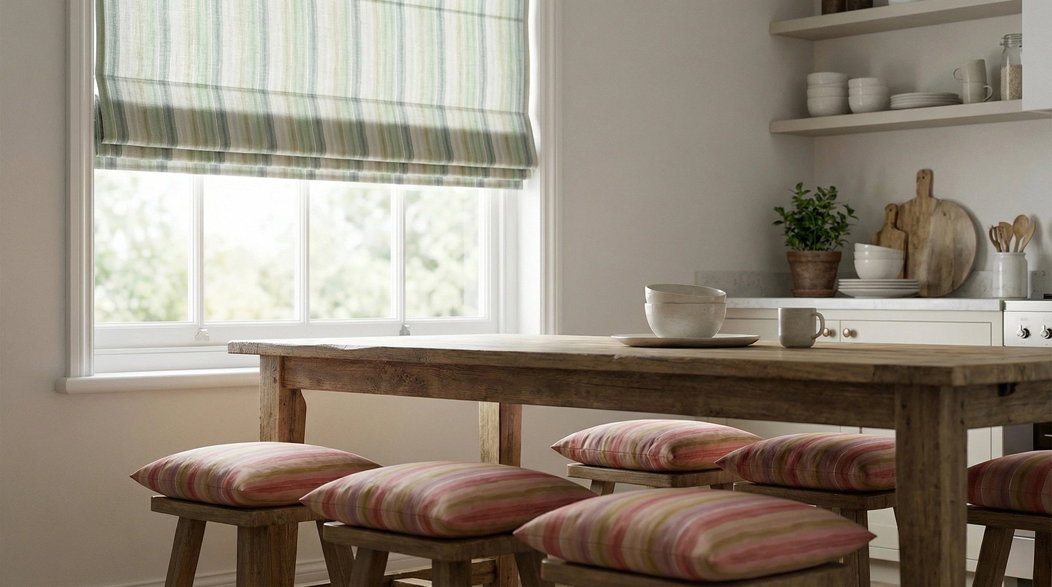 Green striped fabric Roman blind and matching bench seat cushions in rustic kitchen interior – striped curtain and upholstery fabric sale