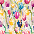 Pastel Flowers multicoloured floral velvet fabric flat image with pink, yellow and blue tulip print
