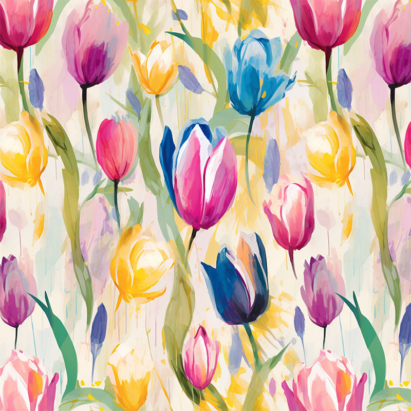 Pastel Flowers multicoloured floral velvet fabric flat image with pink, yellow and blue tulip print