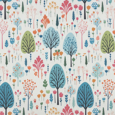 pastel trees cotton curtain fabric in multicoloured floral and tree pattern laid flat for curtains and blinds
