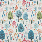 pastel trees cotton curtain fabric in multicoloured floral and tree pattern laid flat for curtains and blinds