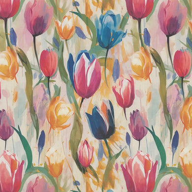 Pastel Tulips Cotton Curtain Fabric in multicoloured floral design – flat fabric image