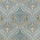 Peacock Velvet Fabric in Mineral – flat shot of floral and peacock print velvet upholstery fabric