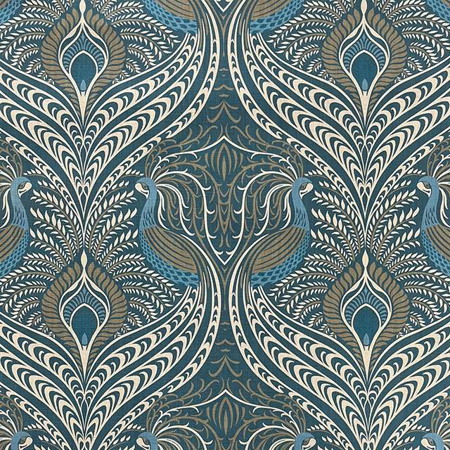 Peacock Velvet Fabric in Teal – close-up flat image of bold velvet fabric with stylised peacock design