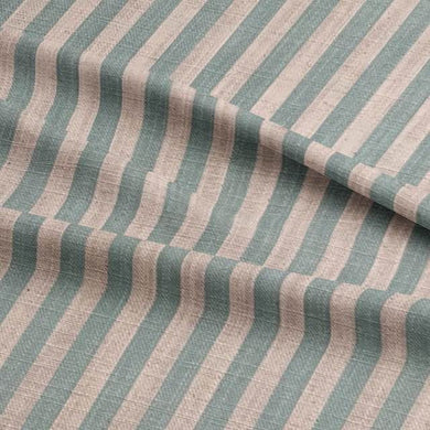 Close-up image of high-quality pencil stripe upholstery fabric in shades of blue and white, perfect for adding a sophisticated touch to furniture and home decor