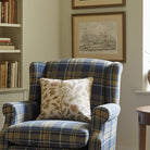Blue and yellow plaid upholstery fabric on a classic armchair in a traditional reading nook with bookshelf backdrop