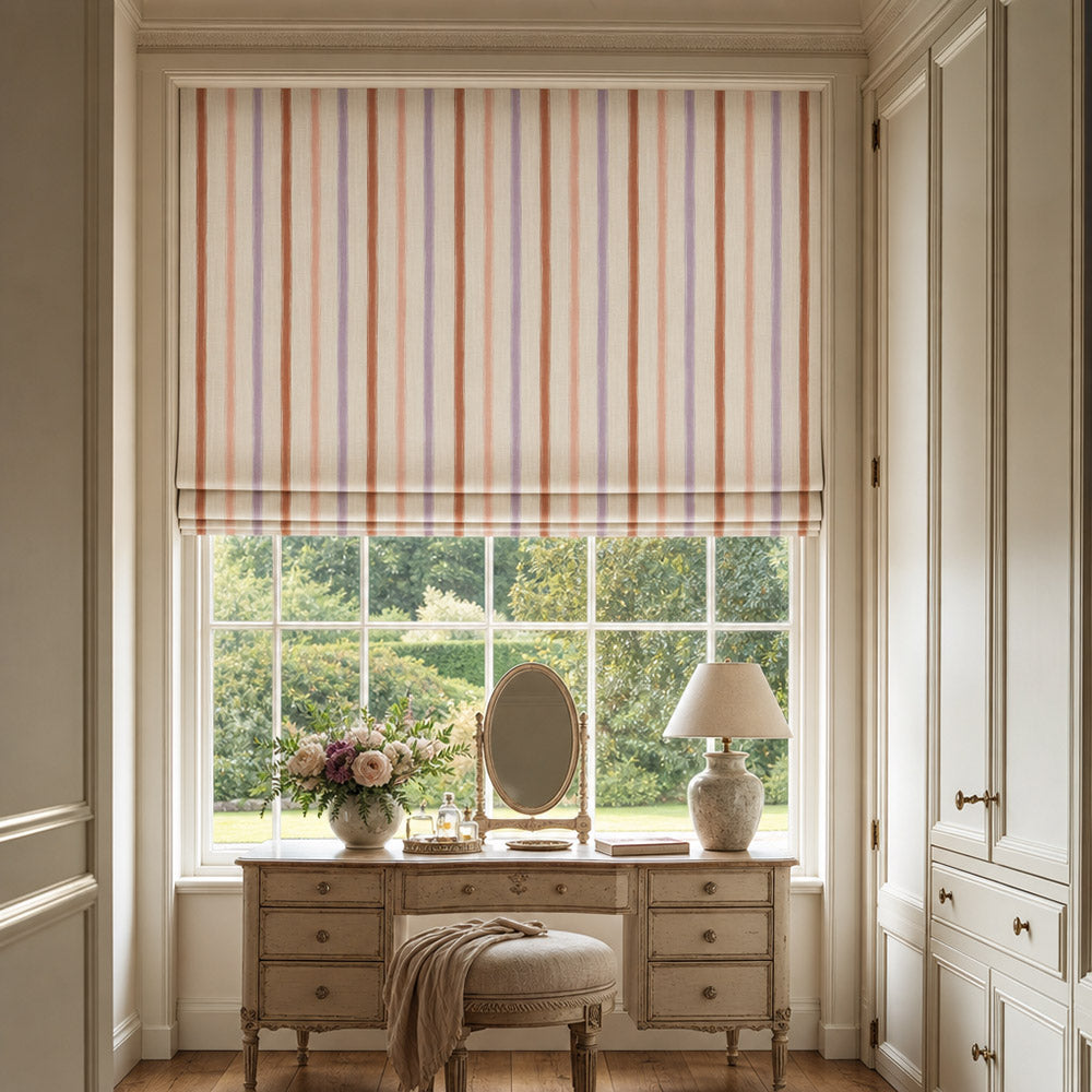 Plano Lilac striped linen curtain fabric shown as a Roman blind, soft pastel stripe fabric for bedroom and living room windows