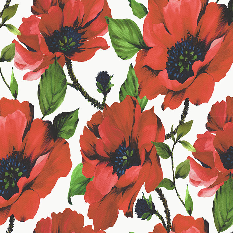 Red floral velvet fabric flat image with poppy flower design for Crib 5 upholstery and curtains