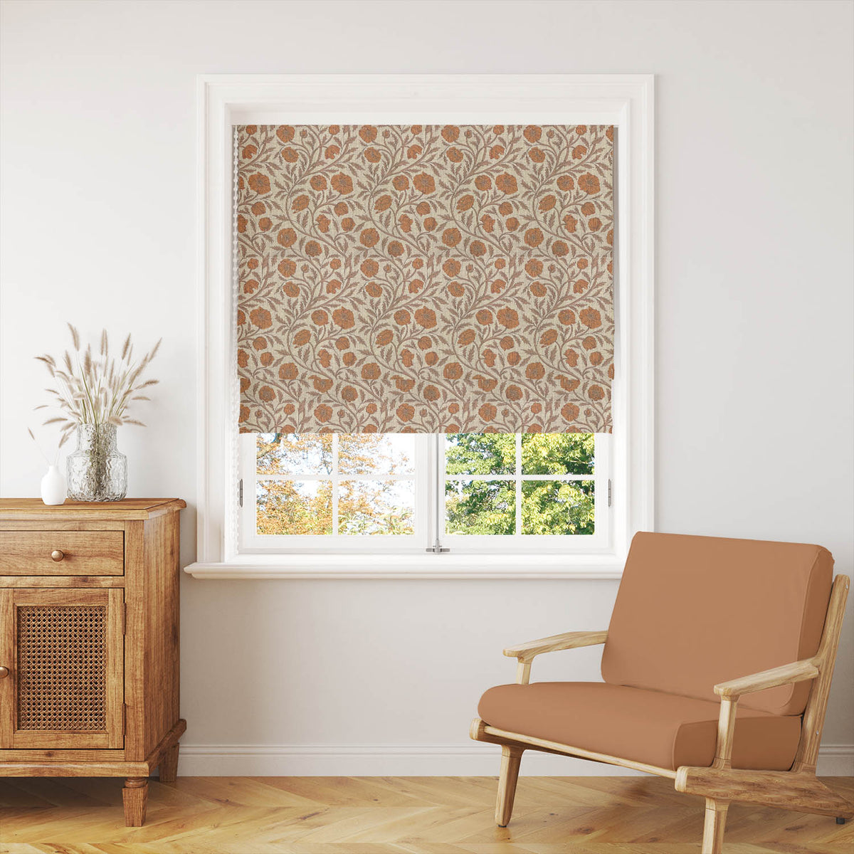 Poppy Rust Gold floral Roman blind in a warm yellow and rust palette for elegant interiors