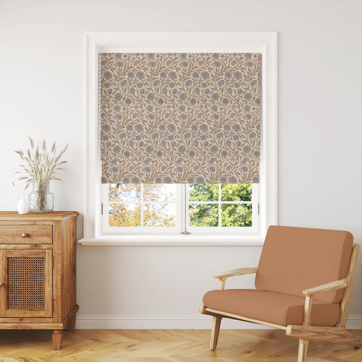 Poppy Rust Grey linen Roman blind featuring a painterly floral design for calm contemporary rooms