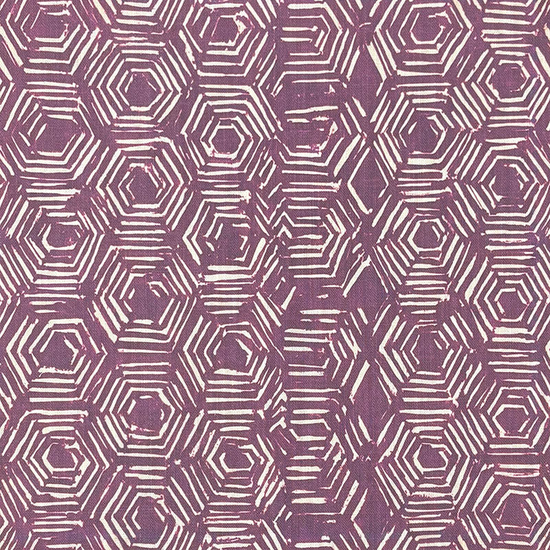 Purple geometric print fabric shown flat for curtain or blind use