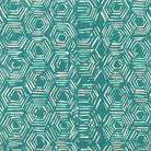 Flatlay image of teal geometric curtain fabric with modern hexagonal print
