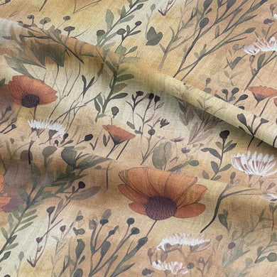 Beautiful rustic prairie curtain fabric with earthy tones and delicate floral pattern