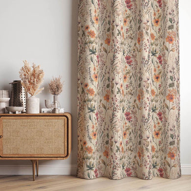 Beautiful, high-quality Prairie Curtain Fabric in a neutral color with delicate floral print, perfect for adding a touch of rustic charm to any room