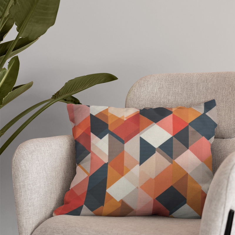 geometric diamond cotton curtain fabric used as cushion with warm multicoloured abstract pattern