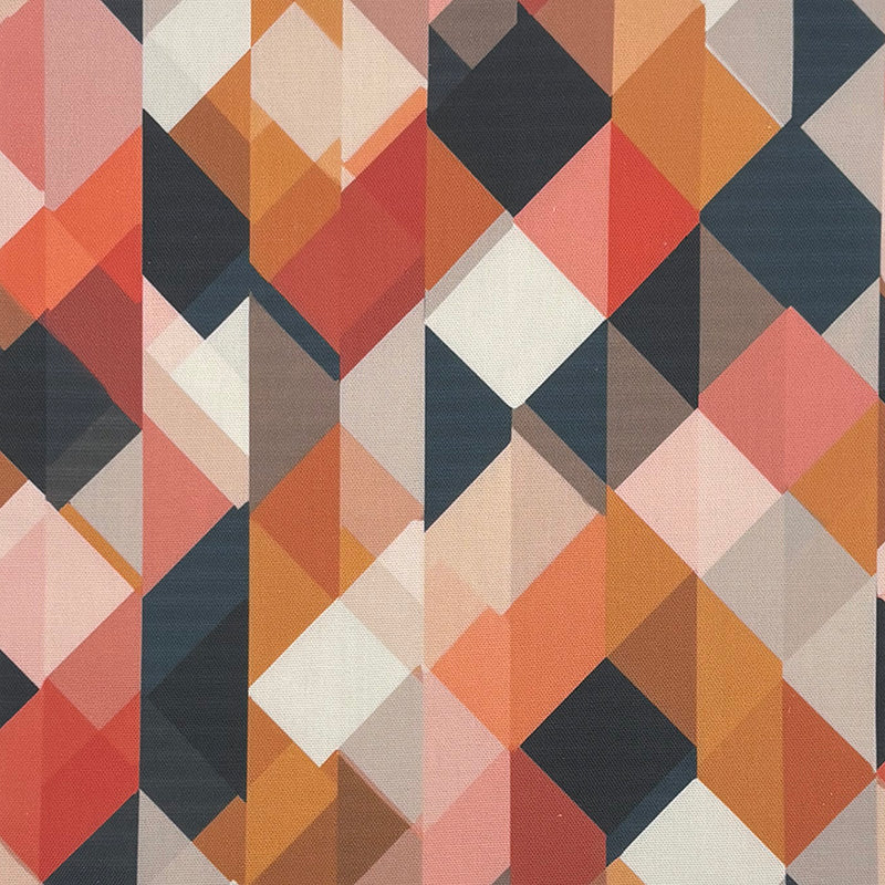 multicoloured geometric curtain fabric with angular diamond pattern printed on cotton basecloth