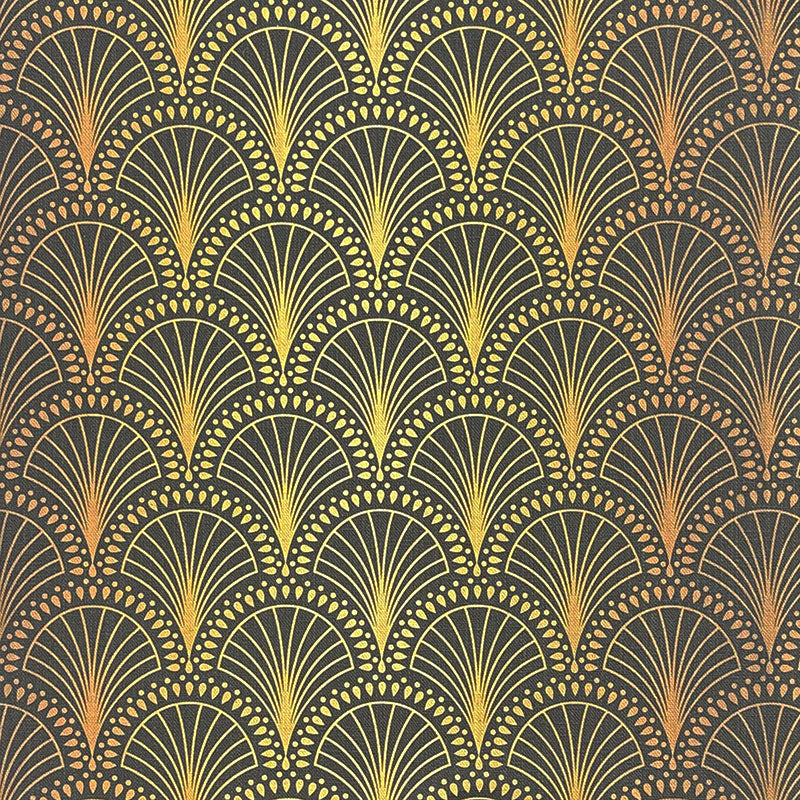 Radiance Ebony Gold art deco linen curtain fabric flat image with metallic style fan motif