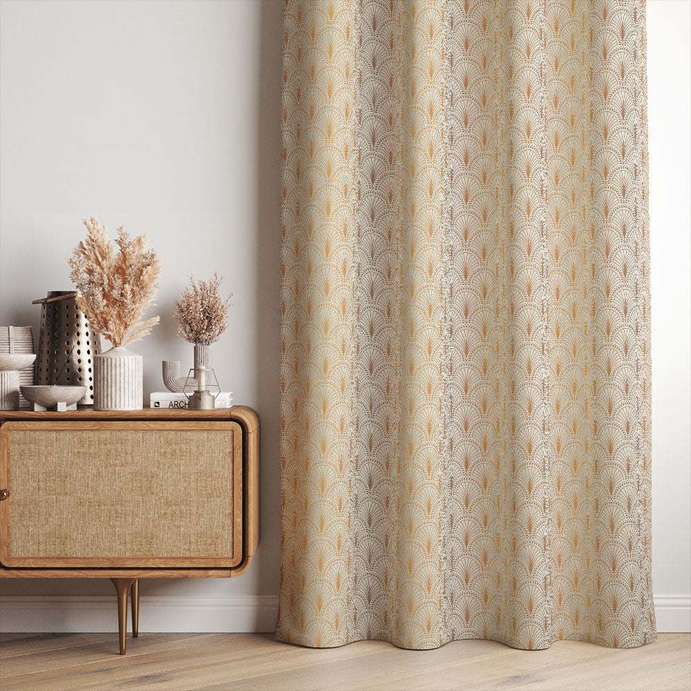 Radiance Gold art deco linen curtain fabric shown as elegant patterned curtains