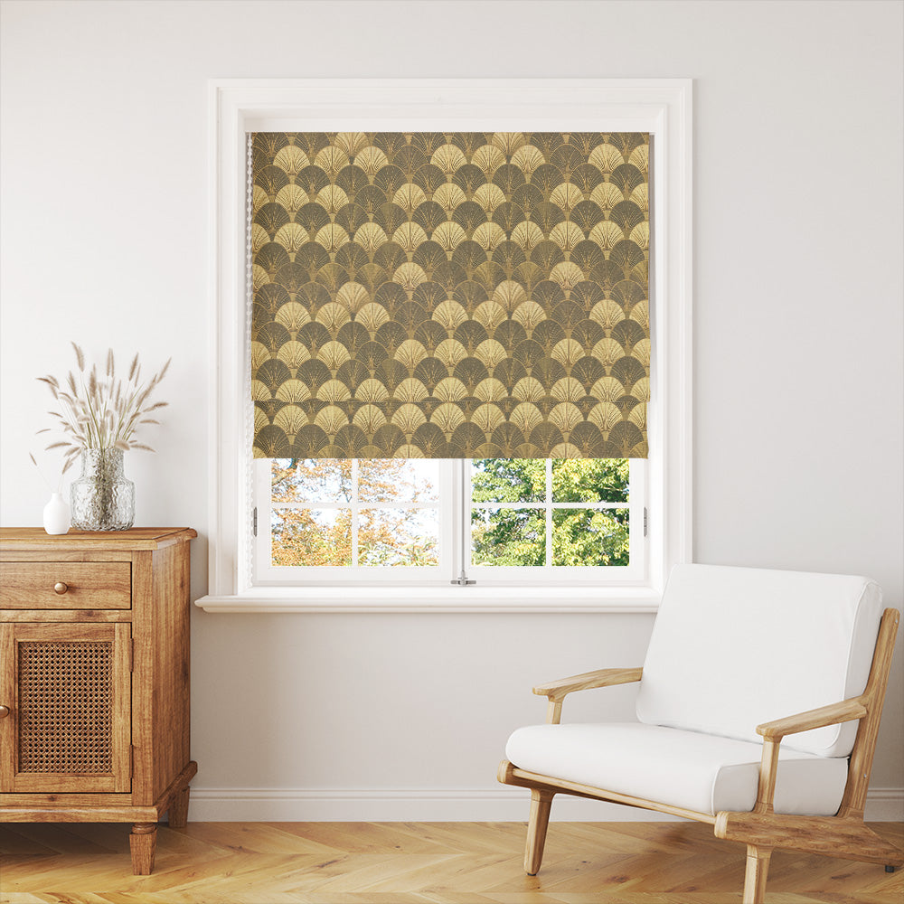 Art Deco gold fan curtain fabric styled as a roman blind