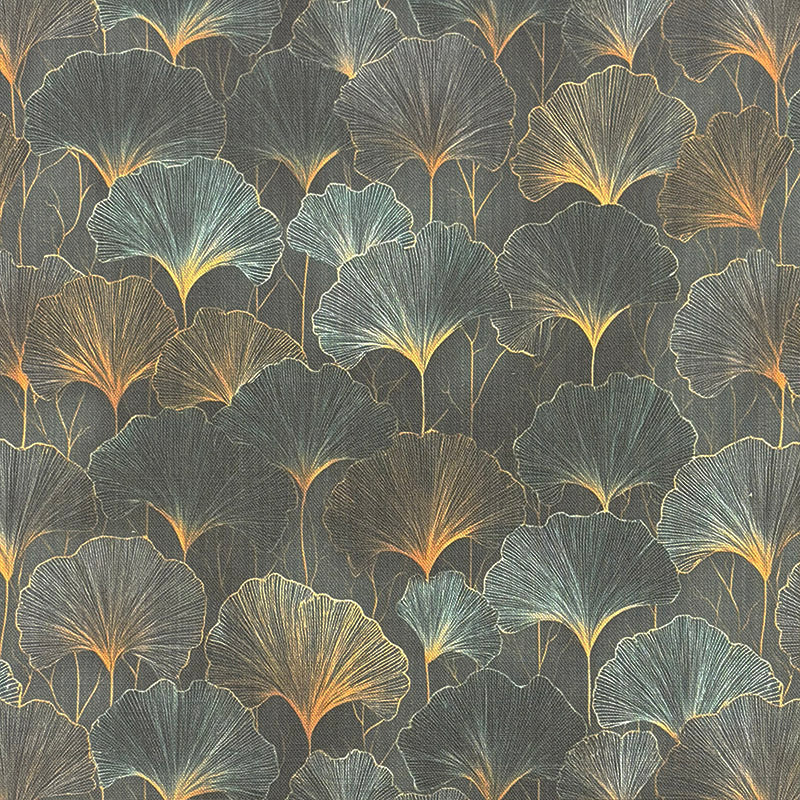 close-up of botanical leaf fabric in teal and ochre on charcoal base