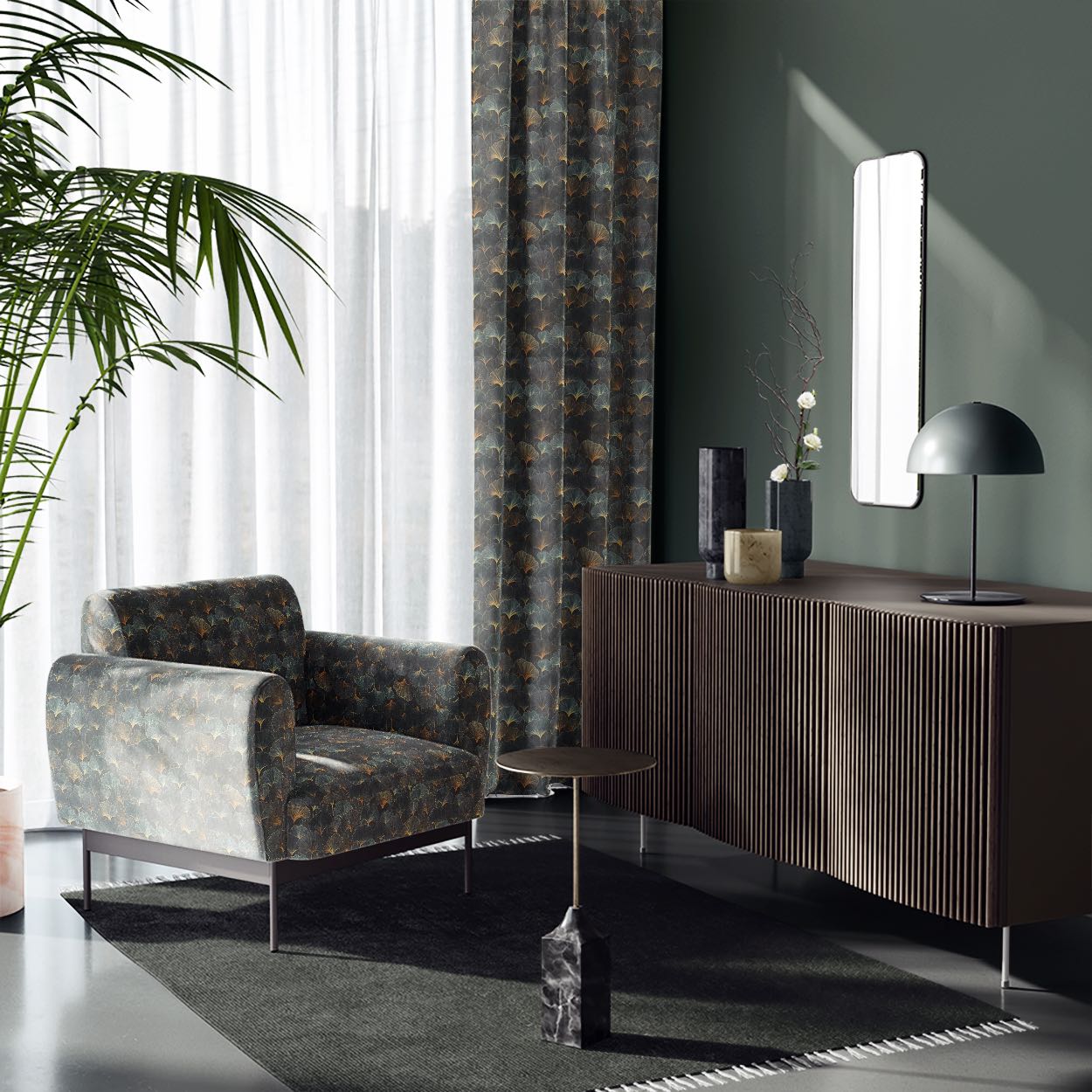 roomset featuring forest-toned leaf upholstery fabric on chair and curtains