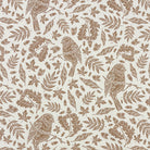 Robin bird linen curtain fabric flat image with acorns woodland leaves and natural brown print