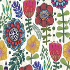 Flat swatch of Rosemaling velvet fabric in multicoloured Scandi floral pattern
