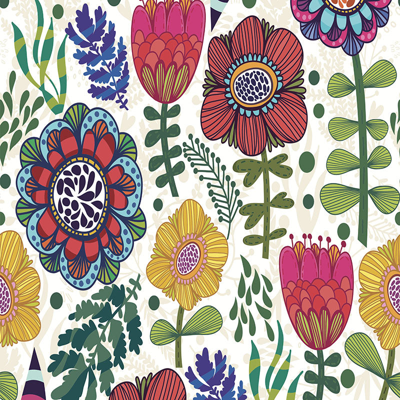 Flat swatch of Rosemaling velvet fabric in multicoloured Scandi floral pattern