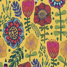 Flat image of Rosemaling velvet fabric in ochre with vibrant red, yellow and blue floral motifs