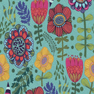 Close-up flat swatch of teal Rosemaling velvet fabric with detailed multicoloured floral print