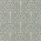 Rowan Leaf Blue Arts and Crafts curtain fabric with dusty blue leafy trees on natural linen blend