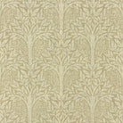 Rowan Leaf Celery leaf print curtain fabric with pale green trees on textured natural linen blend