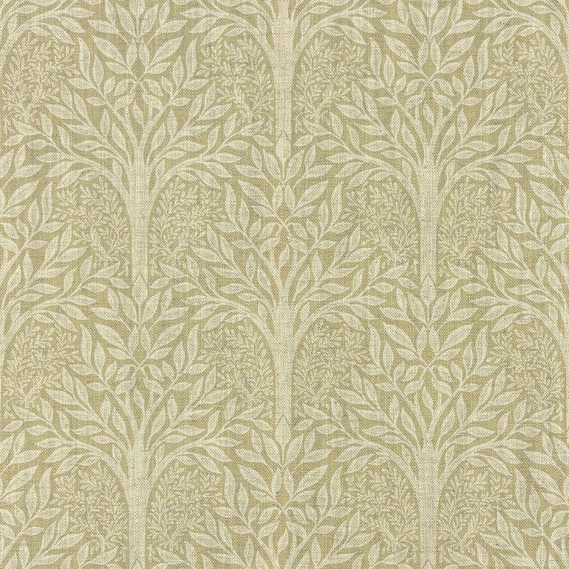 Rowan Leaf Celery leaf print curtain fabric with pale green trees on textured natural linen blend