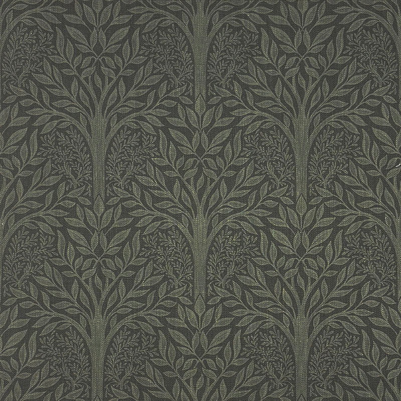 Rowan Leaf Hunter William Morris style linen curtain fabric with deep green trees on natural cloth