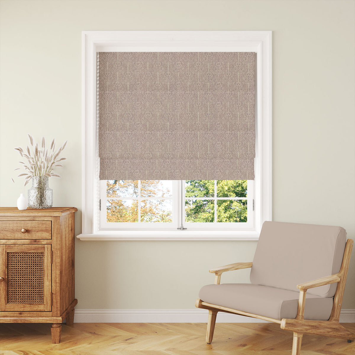 Rowan Leaf Mauve patterned linen Roman blind adding gentle heritage colour to a calm room