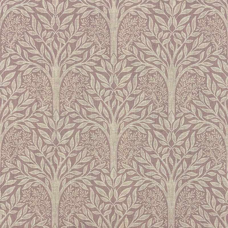 Rowan Leaf Mauve linen curtain fabric with a soft purple botanical tree motif on natural cloth