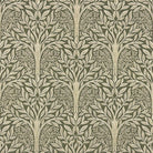 Rowan Leaf Olive botanical linen curtain fabric featuring muted green trees on a natural woven ground