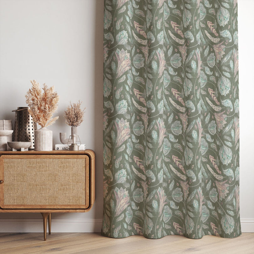 Roxton Green Curtain Fabric – curtain panel with botanical floral print in soft green