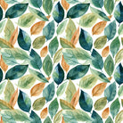 Salcey leaf curtain fabric with green, blue and warm ochre painted foliage on white